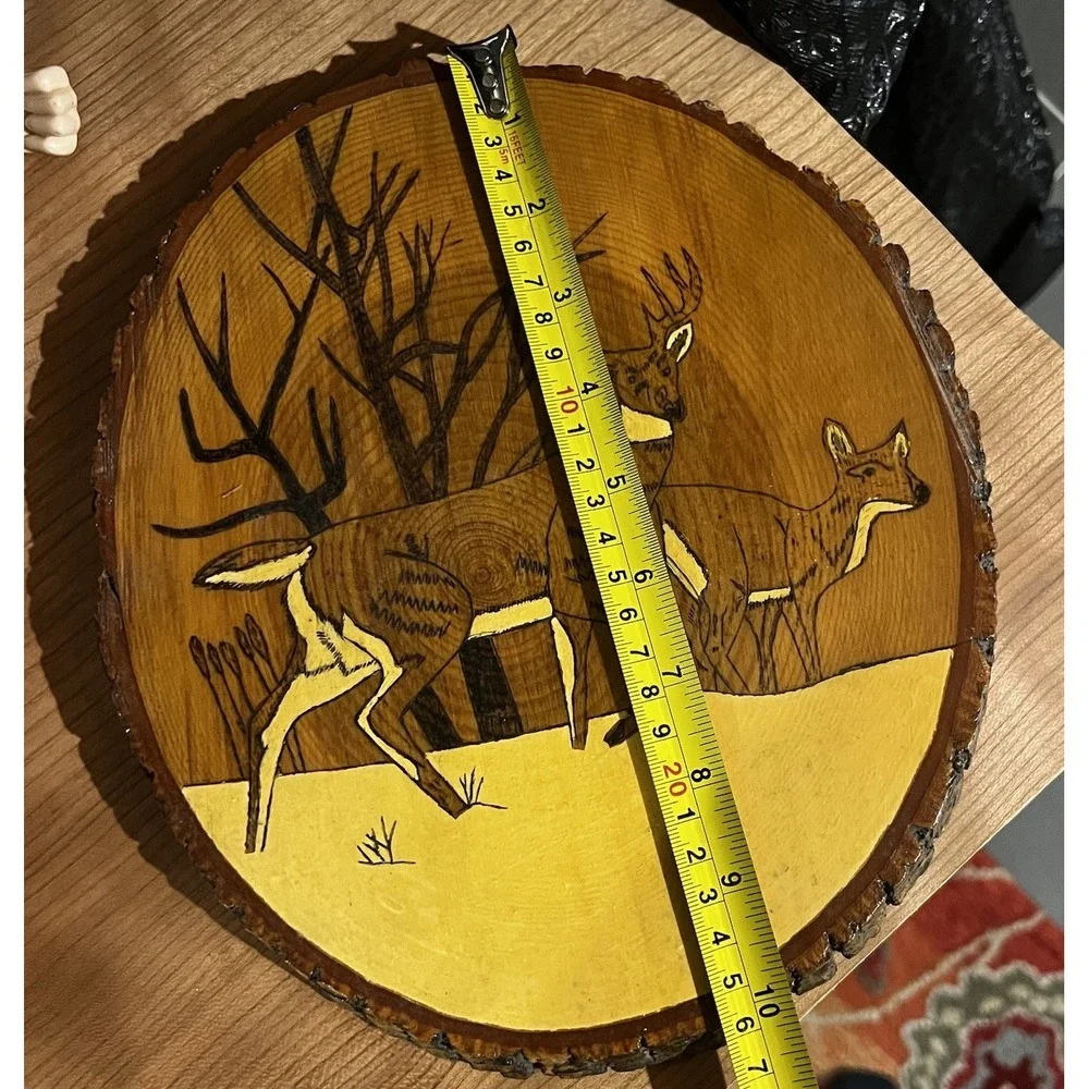 Deer Carving‎ Engraved Wall Art Tree Wood Slab Stained, Hunter, Animal, Rustic